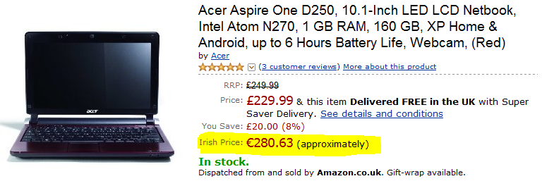 Amazon Product with Irish Price